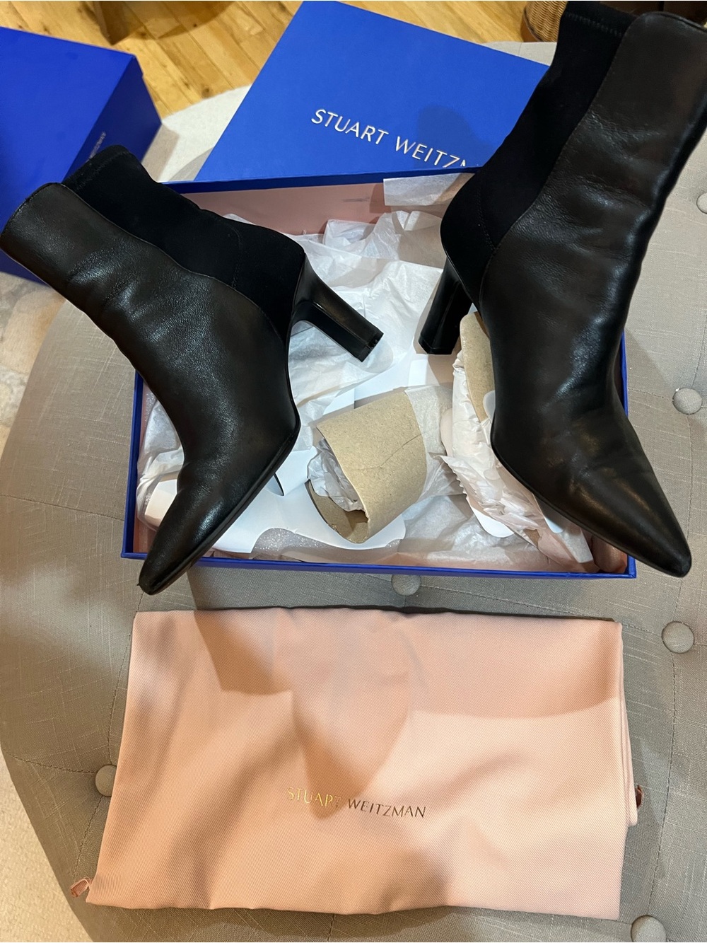 Stuart Weitzman Black Pointed Leather Ankle Booties with Mid Block Heel, Size 7